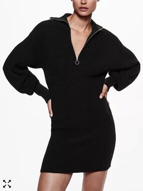 NWT Mango Black Zip-Neck Knit Mini Dress